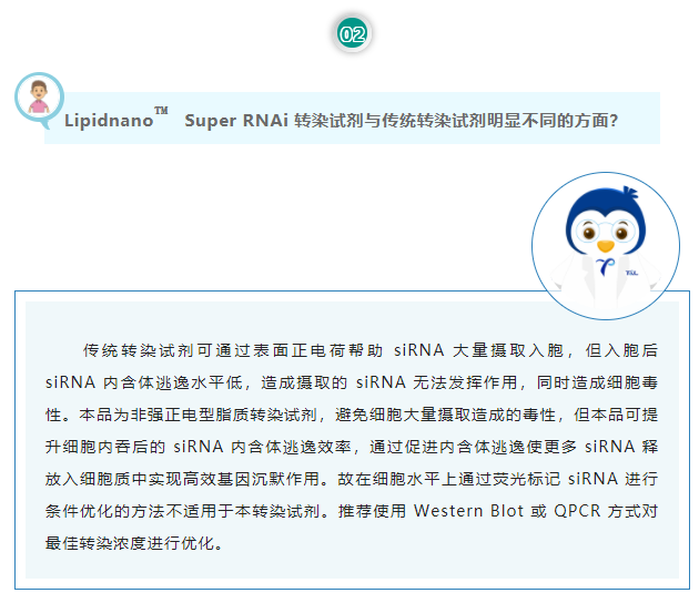 Lipidnano™Super RNAi转染试剂与传统转染试剂明显不同的方面？传统转染试剂可通过表面正电荷帮助 siRNA 大量摄取入胞，但入胞后 siRNA 内含体逃逸水平低，造成摄取的 siRNA 无法发挥作用，同时造成细胞毒性。本品为非强正电型脂质转染试剂，避免细胞大量摄取造成的毒性，但本品可提升细胞内吞后的 siRNA 内含体逃逸效率，通过促进内含体逃逸使更多 siRNA 释放入细胞质中实现高效基因沉默作用。故在细胞水平上通过荧光标记 siRNA 进行条件优化的方法不适用于本转染试剂。推荐使用 Western Blot 或 QPCR 方式对最佳转染浓度进行优化。